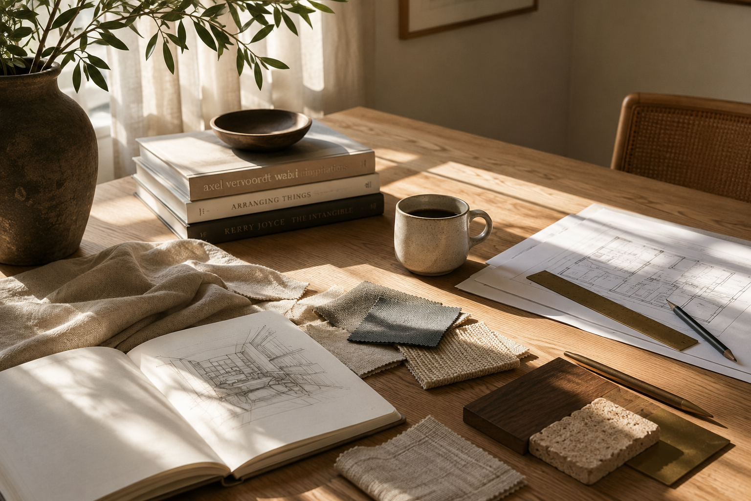 Sunlit interior design workspace with sketches, fabric samples and books
